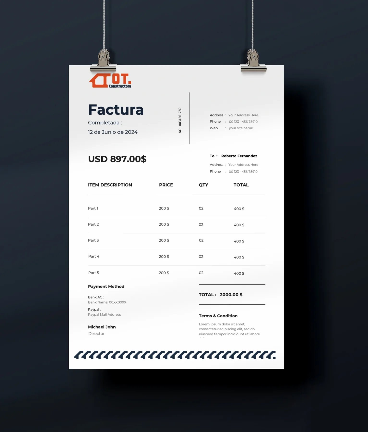 factura con la papelería de OT