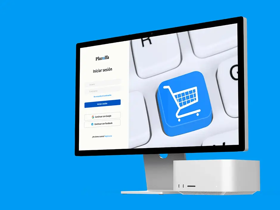 Pantalla de login del sitio web Plazalfa mostrada en un monitor sobre fondo azul