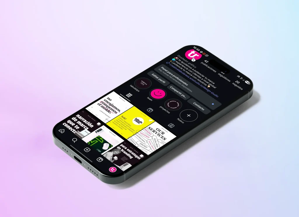 Página de inicio de Instagram del Piña en marco rosado - mascota del estudio de diseño gráfico y digital Tabula Rasa mostrada en celular.