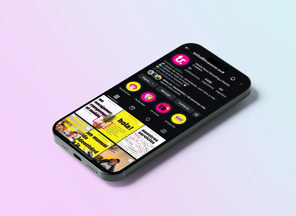 Página de inicio de Instagram del Piña en marco rosado - mascota del estudio de diseño gráfico y digital Tabula Rasa mostrada en celular.