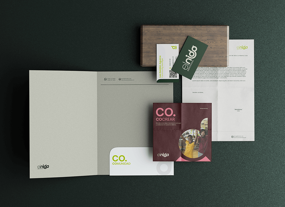 Mockup de branding corporativo de El Nido con papelería completa