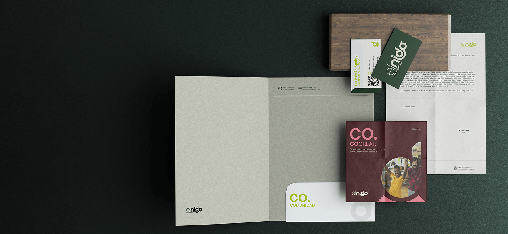 Mockup de branding corporativo de El Nido con papelería completa
