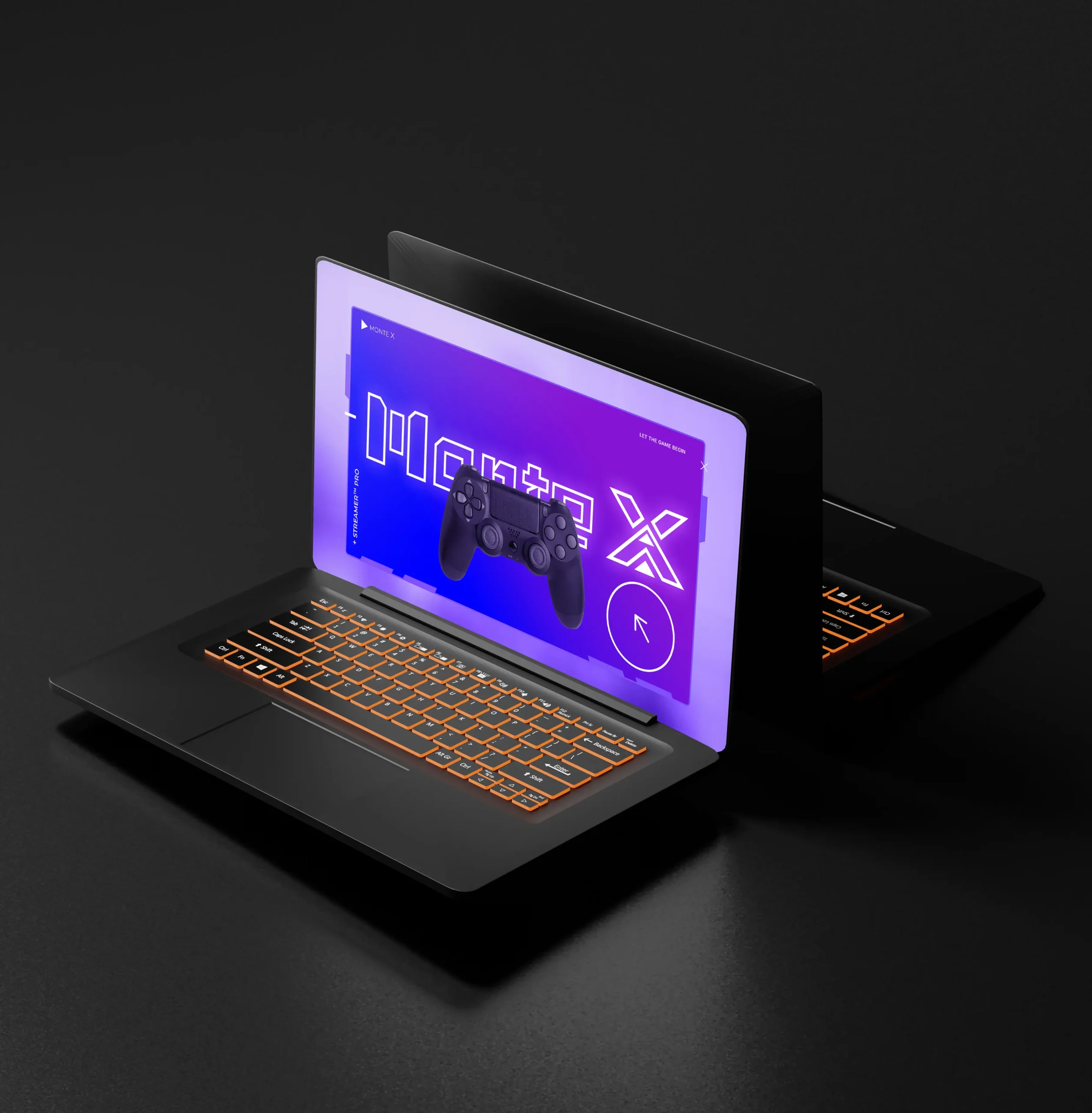Laptops con diseño visual de Monte X sobre fondo oscuro