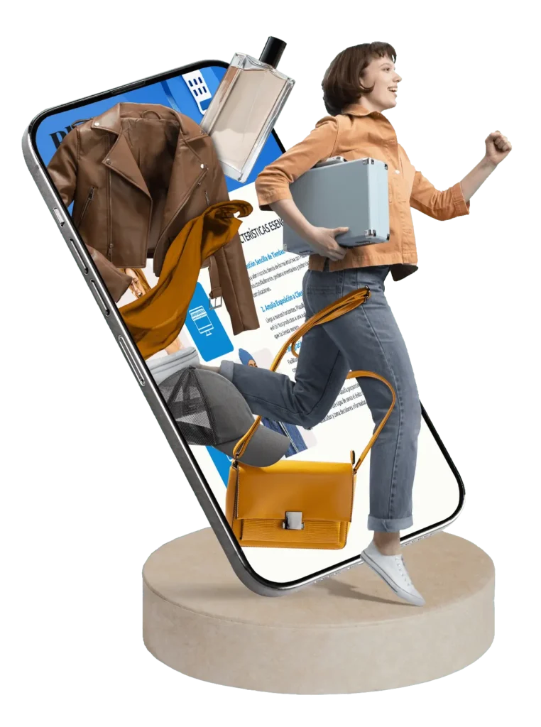 Mujer en 3D saliendo de un celular con bolsas de compras, imagen de marca Plazalfa