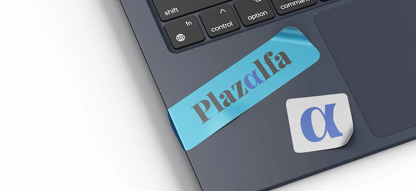 Pegatinas de marca Plazalfa con elementos gráficos coloridos